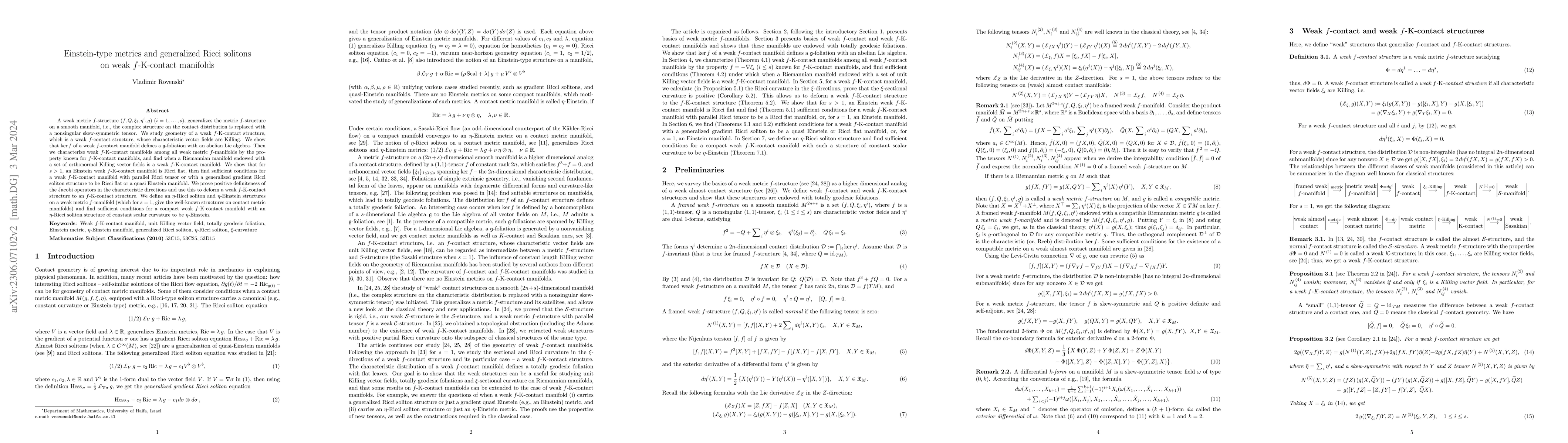 Thumbnail for Einstein-type metrics and generalized Ricci solitons on weak
  $f$-K-contact manifolds