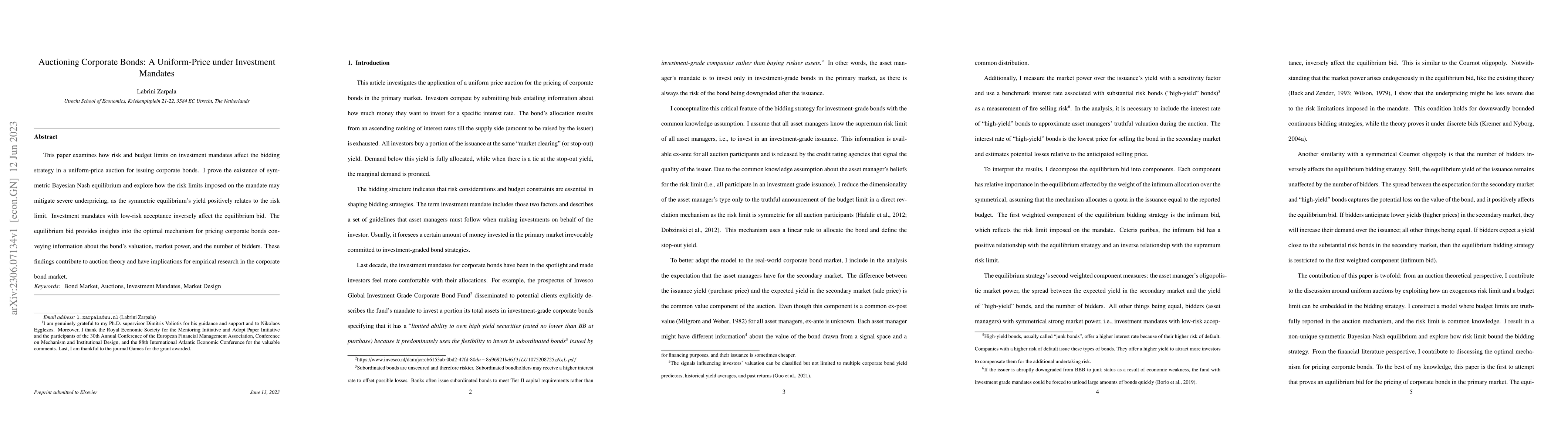 Thumbnail for Auctioning Corporate Bonds: A Uniform-Price under Investment Mandates