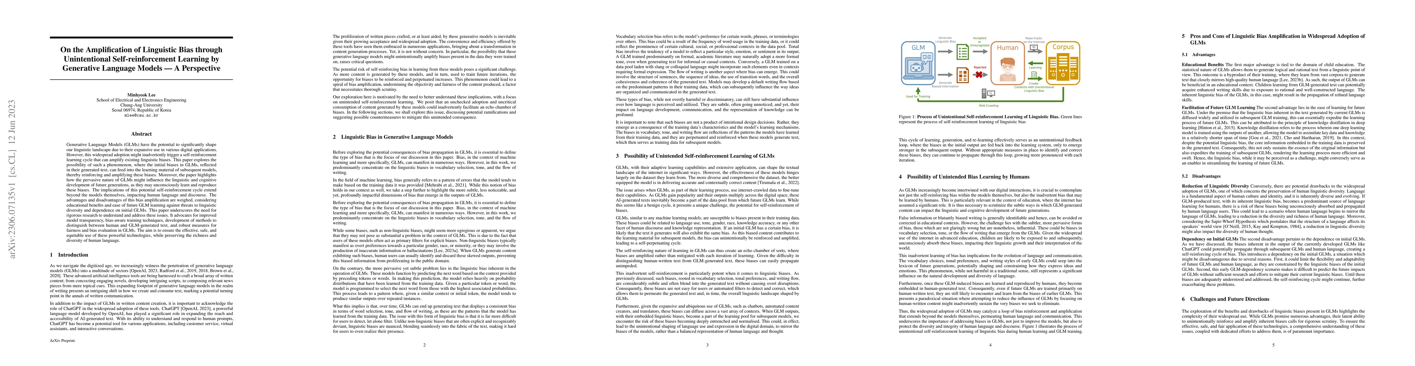 Thumbnail for On the Amplification of Linguistic Bias through Unintentional
  Self-reinforcement Learning by Generative Language Models -- A Perspective