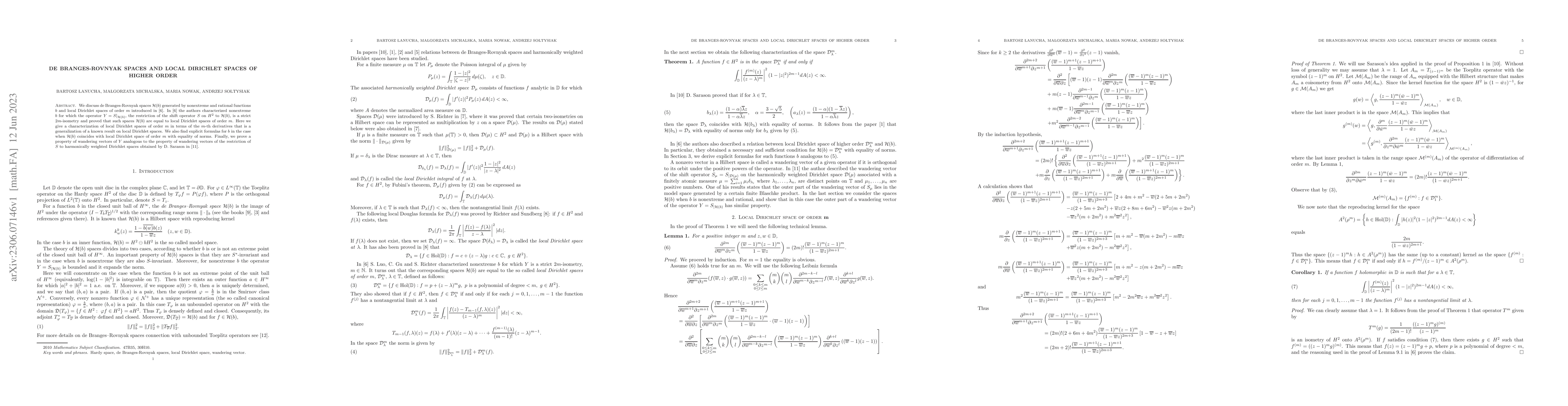 Thumbnail for De Branges-Rovnyak spaces and local Dirichlet spaces of higher order