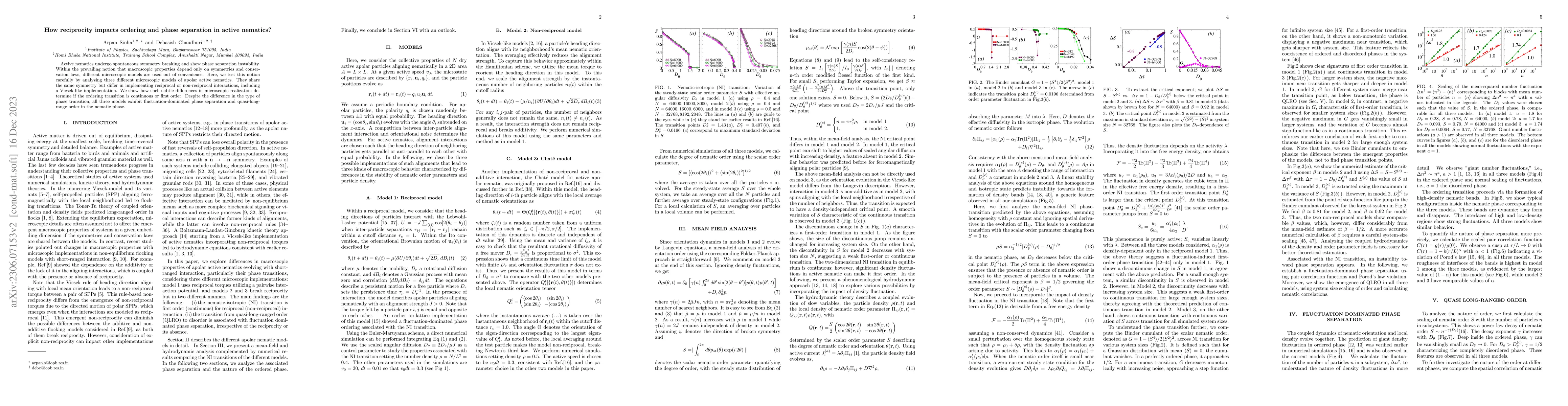 Thumbnail for How reciprocity impacts ordering and phase separation in active
  nematics?