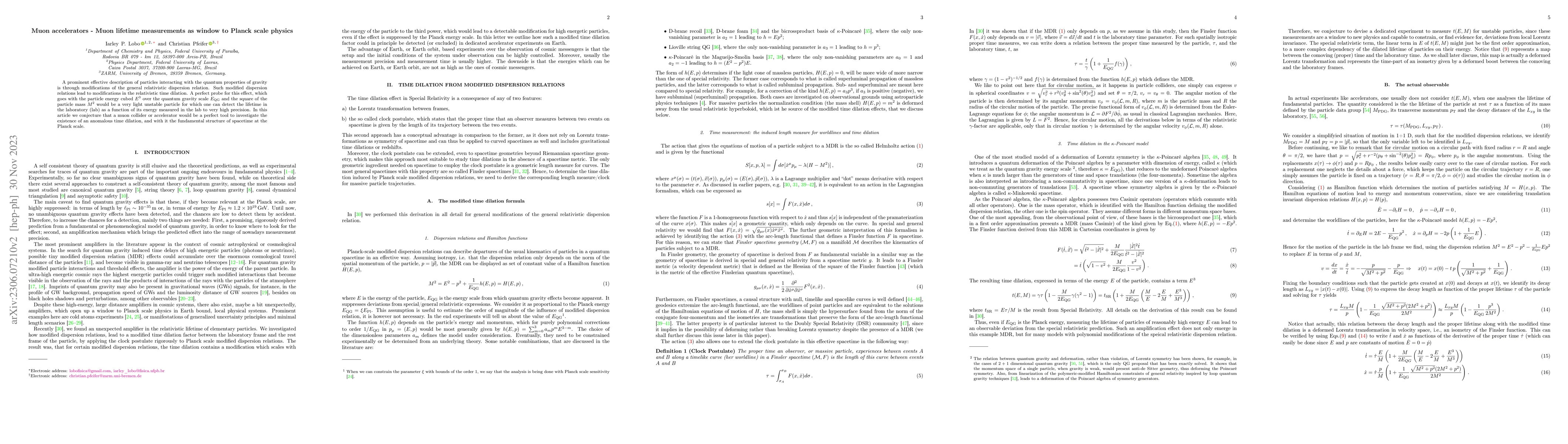Thumbnail for Muon accelerators -- Muon lifetime measurements as window to Planck
  scale physics
