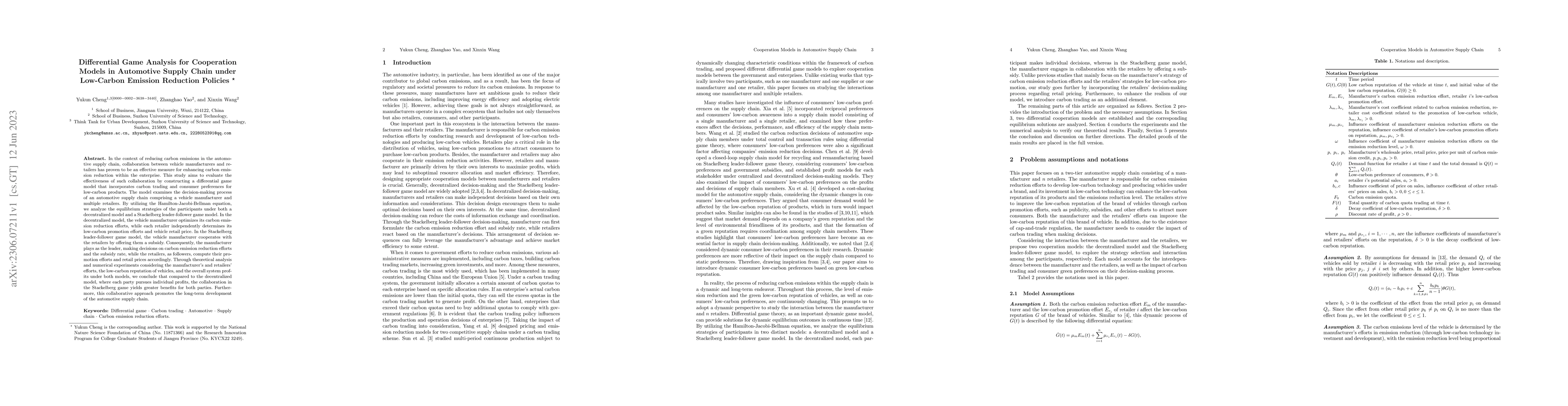 Thumbnail for Differential Game Analysis for Cooperation Models in Automotive Supply
  Chain under Low-Carbon Emission Reduction Policies