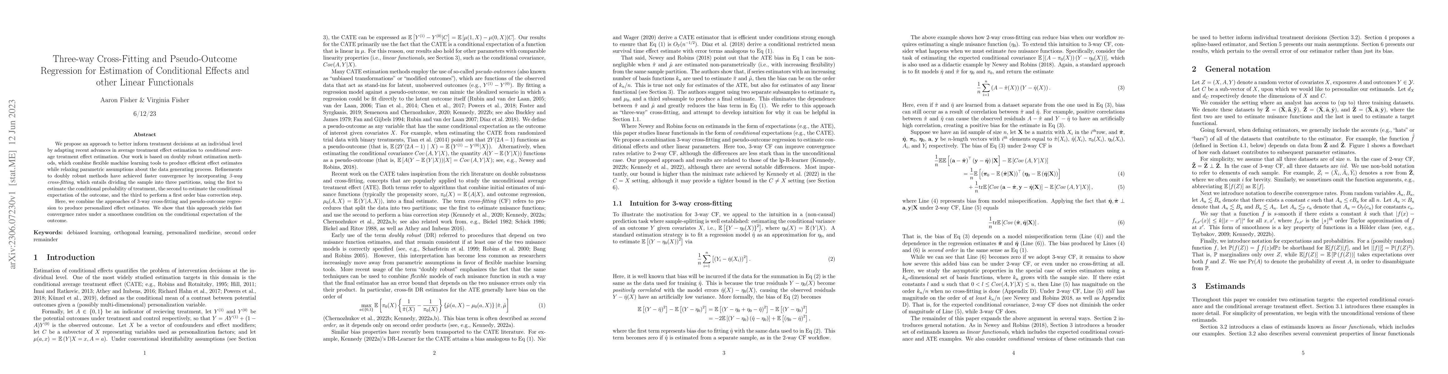 Thumbnail for Three-way Cross-Fitting and Pseudo-Outcome Regression for Estimation of
  Conditional Effects and other Linear Functionals