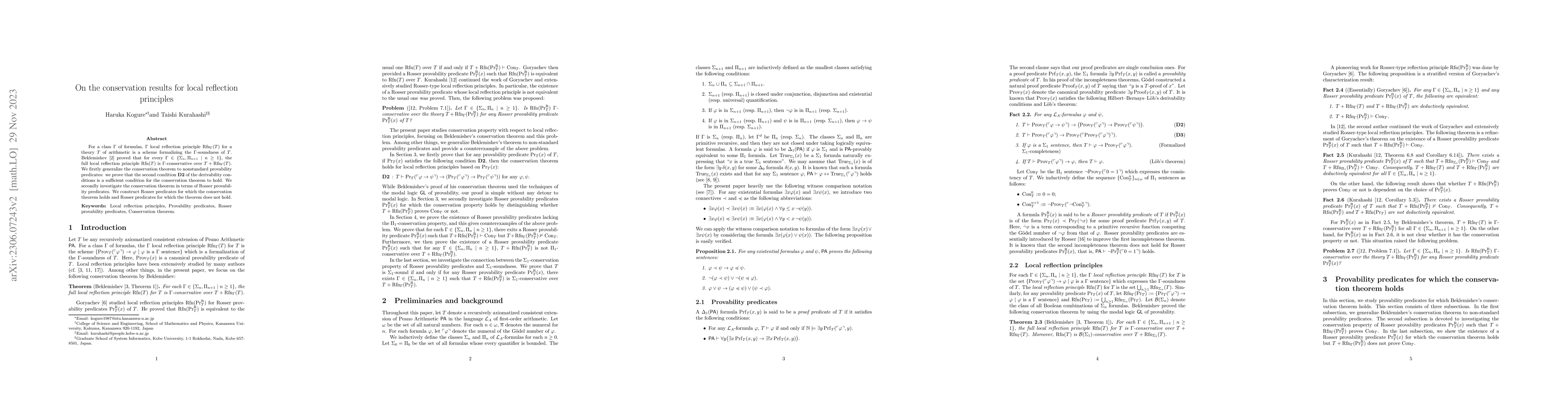 Thumbnail for On the conservation results for local reflection principles