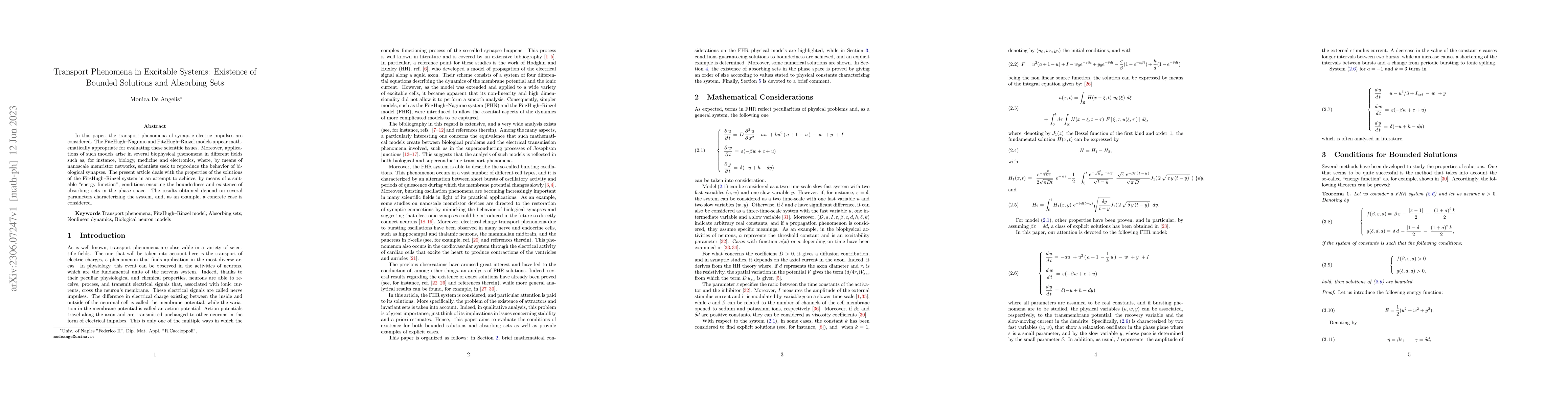 Thumbnail for Transport Phenomena in Excitable Systems: Existence of Bounded Solutions
  and Absorbing Sets