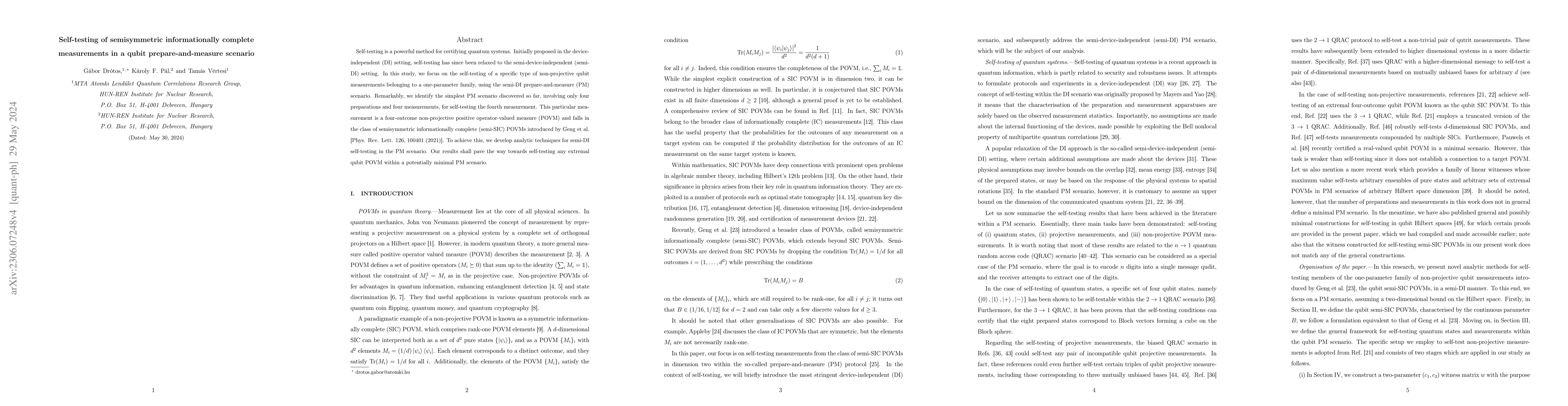 Thumbnail for Self-testing of semisymmetric informationally complete measurements in a
  qubit prepare-and-measure scenario