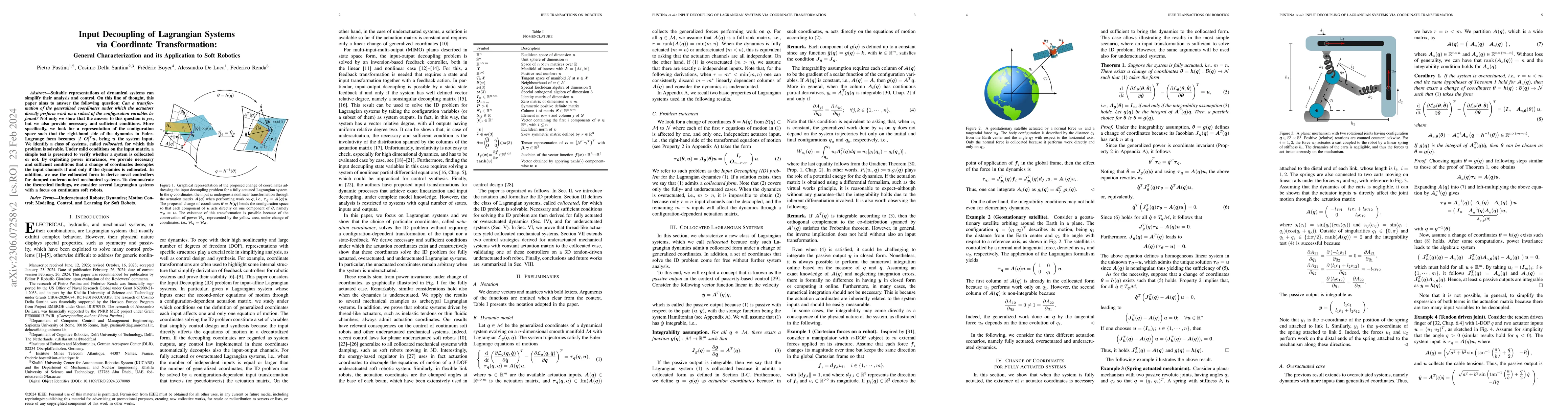 Thumbnail for Input Decoupling of Lagrangian Systems via Coordinate Transformation:
  General Characterization and its Application to Soft Robotics