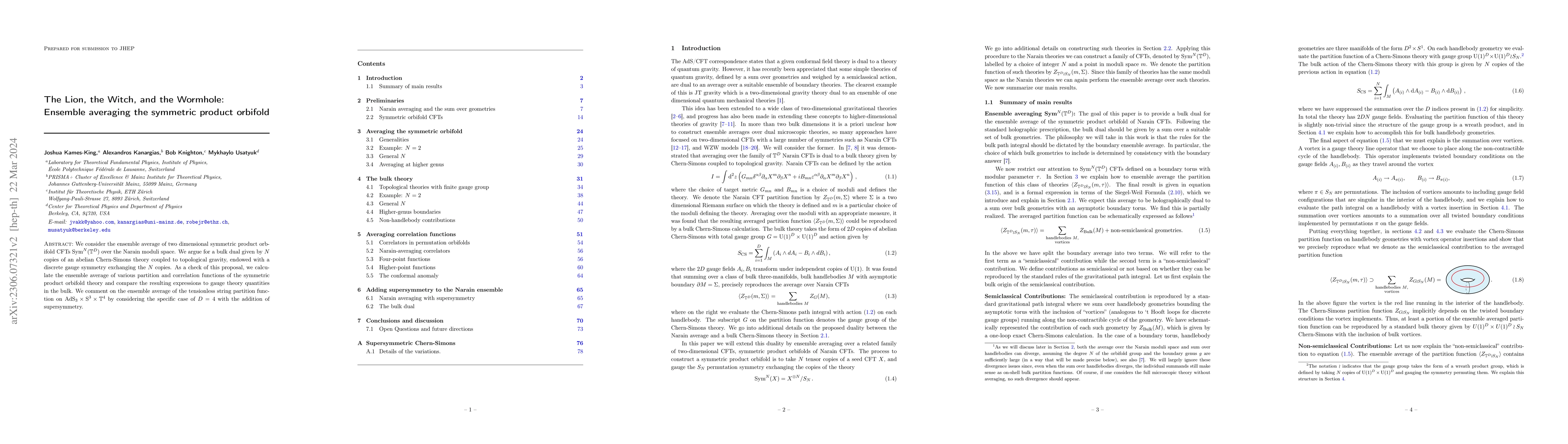 Thumbnail for The Lion, the Witch, and the Wormhole: Ensemble averaging the symmetric
  product orbifold