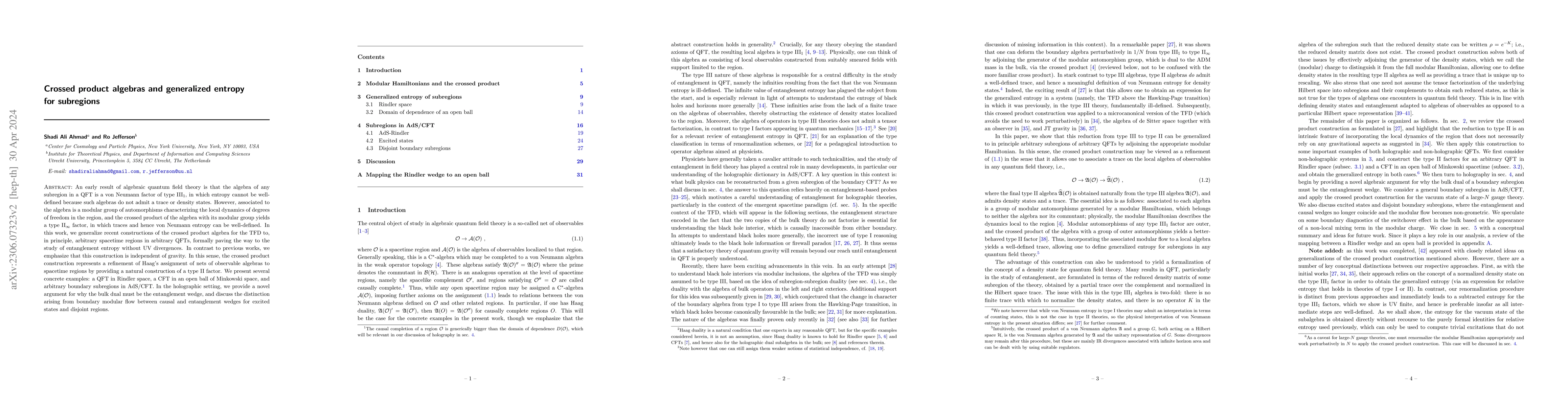 Thumbnail for Crossed product algebras and generalized entropy for subregions