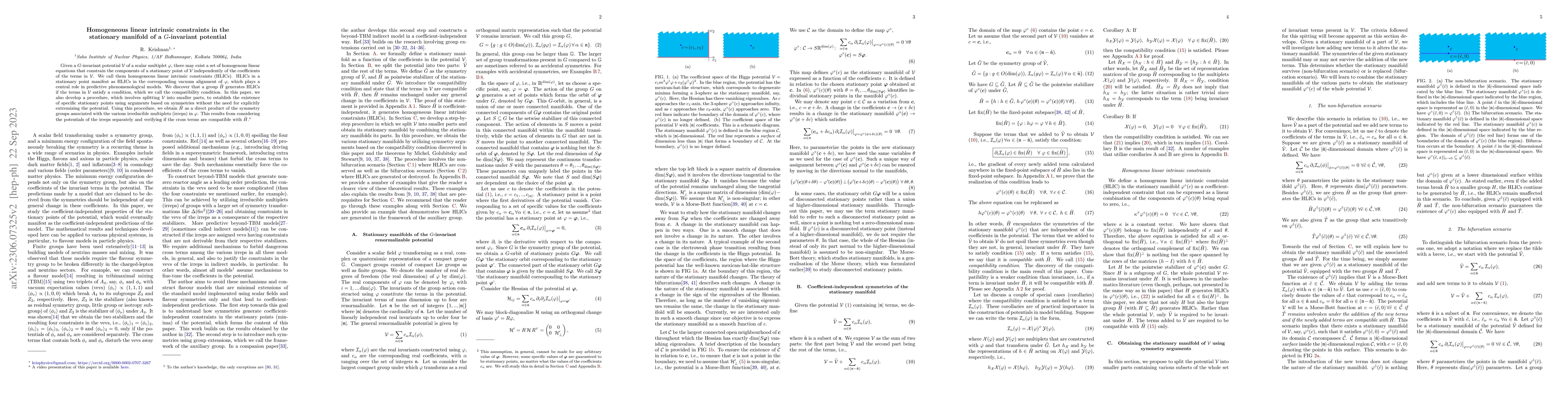 Thumbnail for Homogeneous linear intrinsic constraints in the stationary manifold of a
  $G$-invariant potential