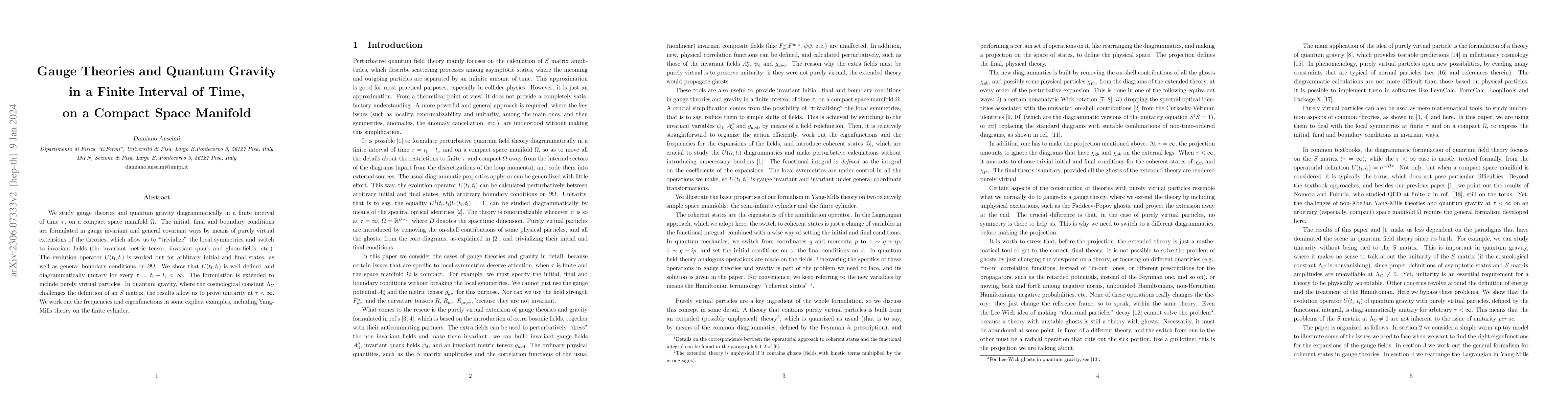 Thumbnail for Gauge theories and quantum gravity in a finite interval of time, on a
  compact space manifold