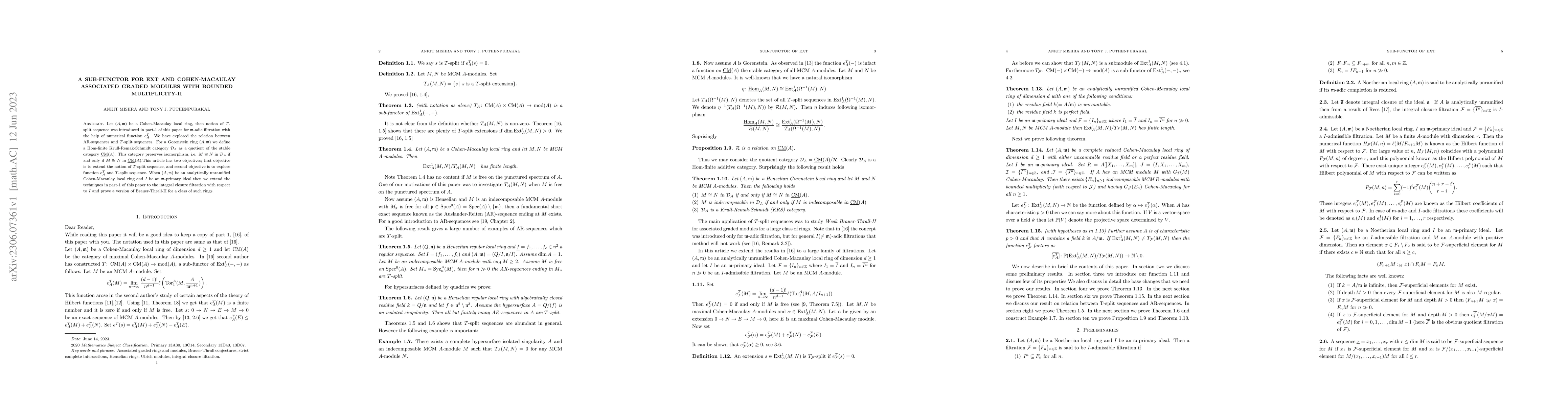 Thumbnail for A sub-functor for Ext and Cohen-Macaulay associated graded modules with
  bounded multiplicity-II
