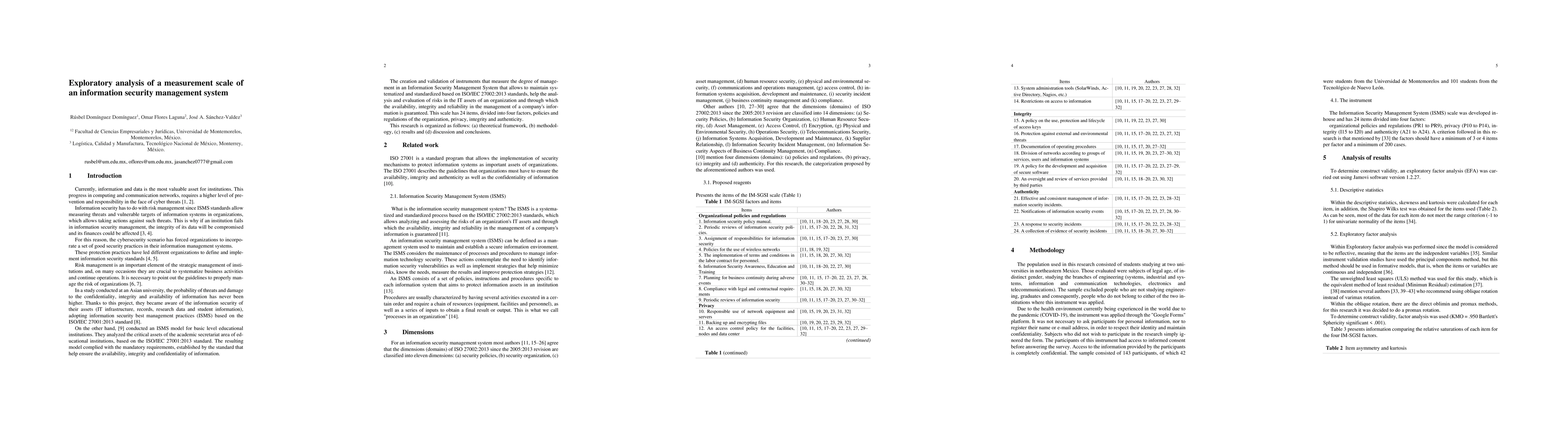 Thumbnail for Exploratory analysis of a measurement scale of an information security
  management system