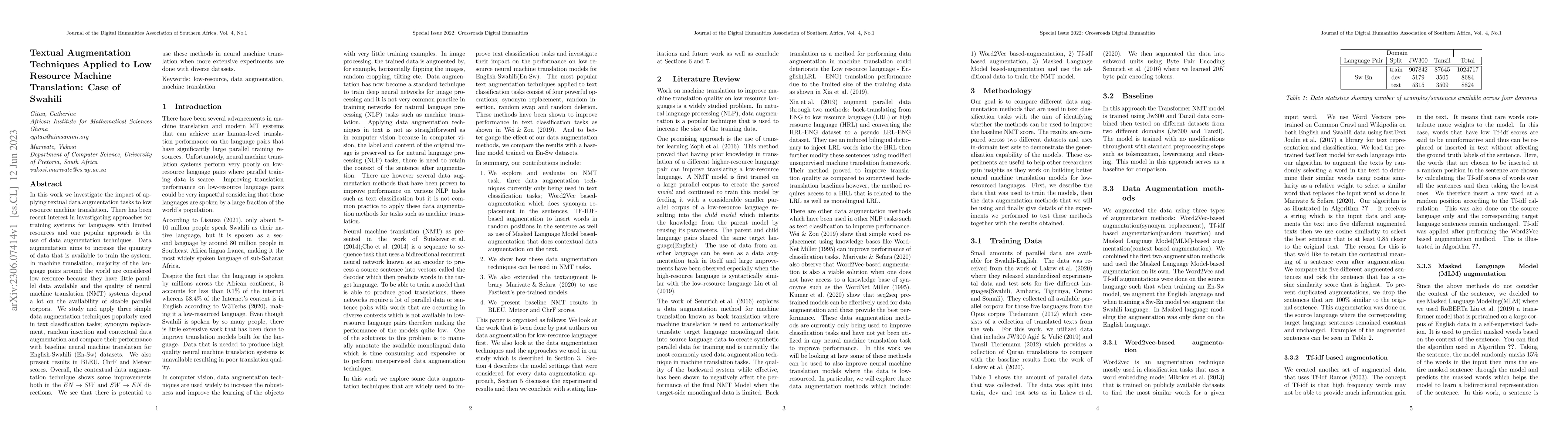 Thumbnail for Textual Augmentation Techniques Applied to Low Resource Machine
  Translation: Case of Swahili