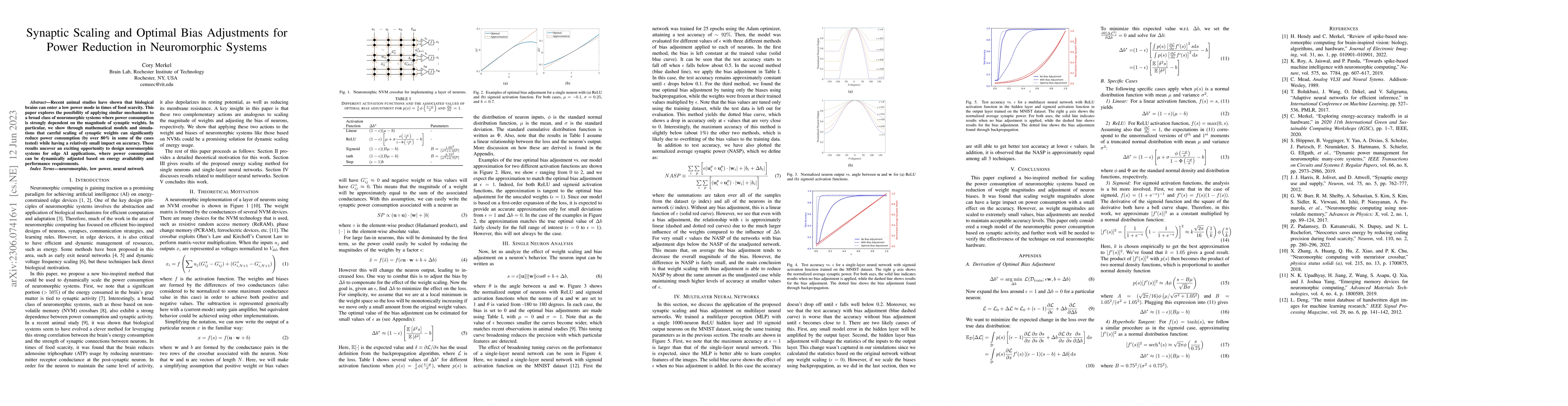 Thumbnail for Synaptic Scaling and Optimal Bias Adjustments for Power Reduction in
  Neuromorphic Systems