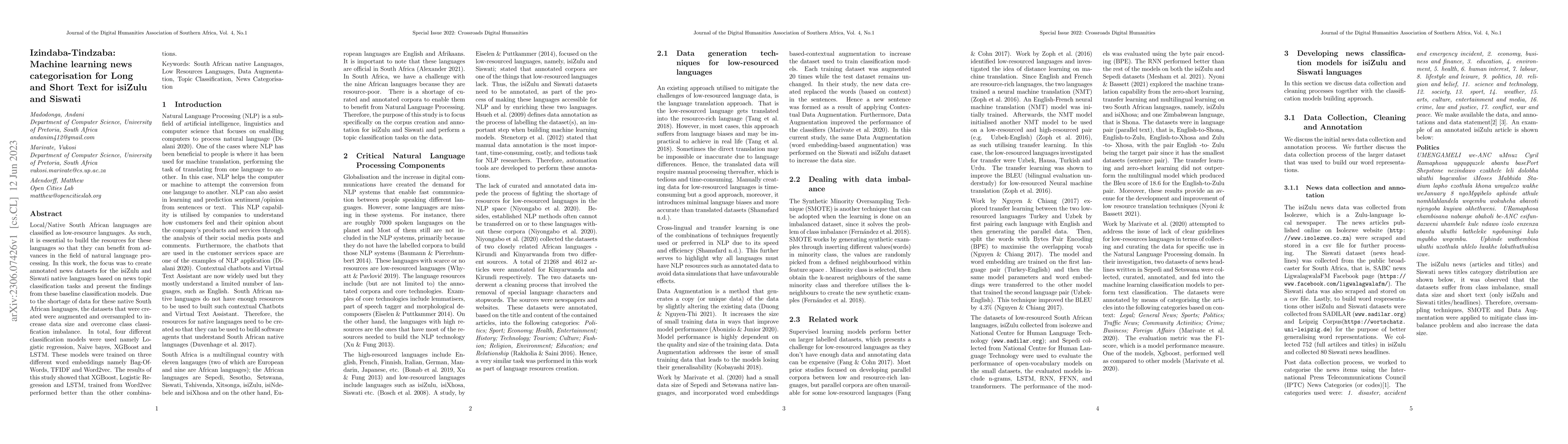 Thumbnail for Izindaba-Tindzaba: Machine learning news categorisation for Long and
  Short Text for isiZulu and Siswati