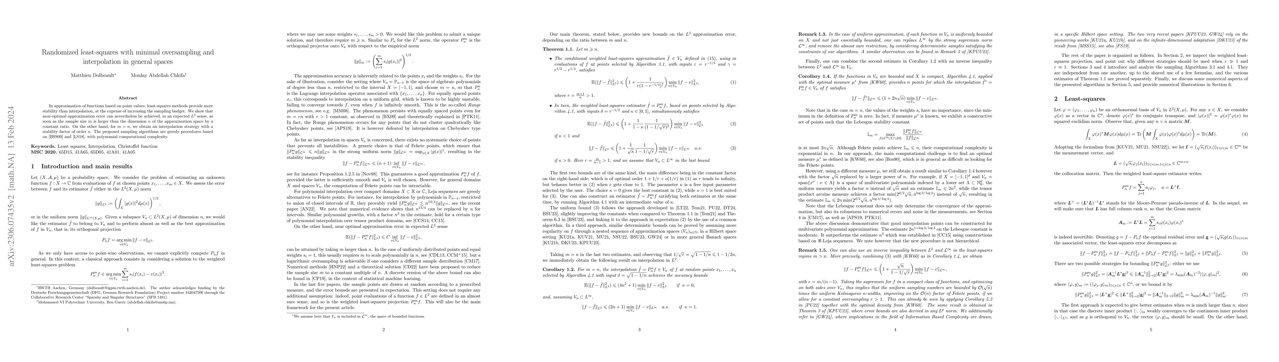 Thumbnail for Randomized least-squares with minimal oversampling and interpolation in
  general spaces
