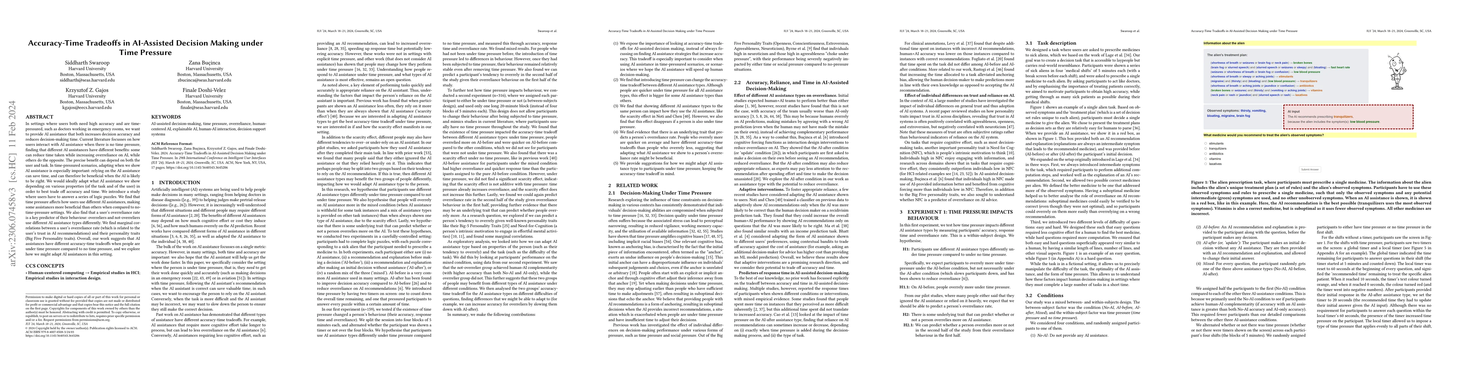 Thumbnail for Accuracy-Time Tradeoffs in AI-Assisted Decision Making under Time
  Pressure