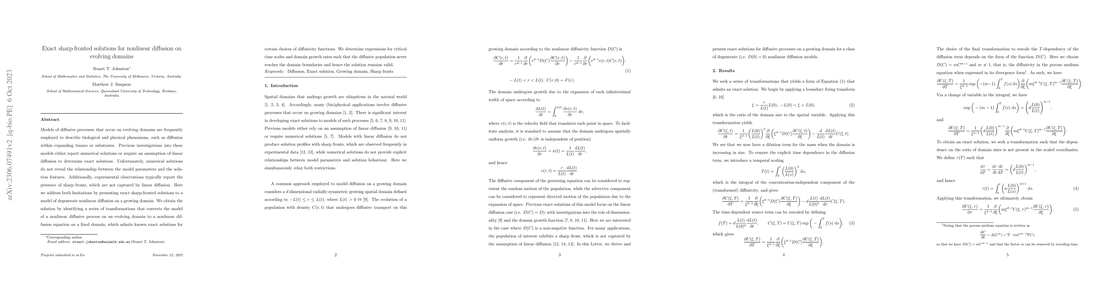 Thumbnail for Exact sharp-fronted solutions for nonlinear diffusion on evolving
  domains