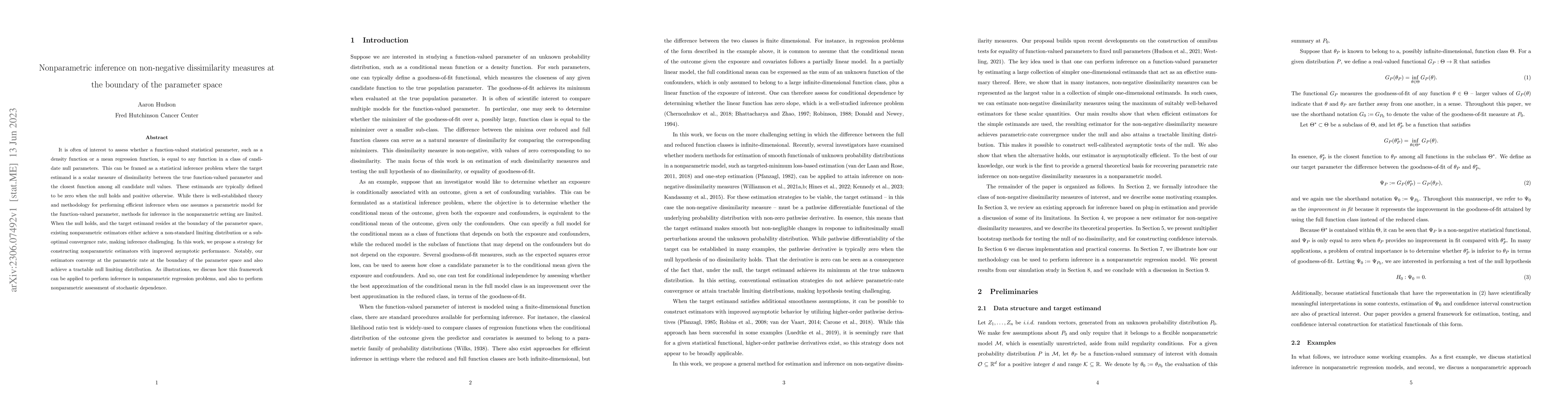Thumbnail for Nonparametric inference on non-negative dissimilarity measures at the
  boundary of the parameter space