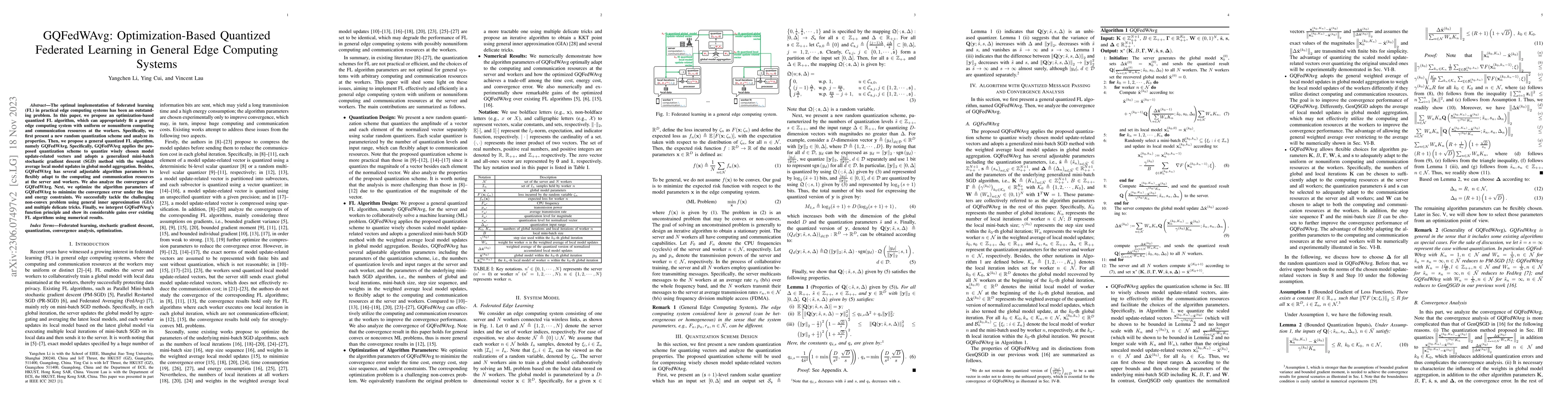 Thumbnail for GQFedWAvg: Optimization-Based Quantized Federated Learning in General
  Edge Computing Systems