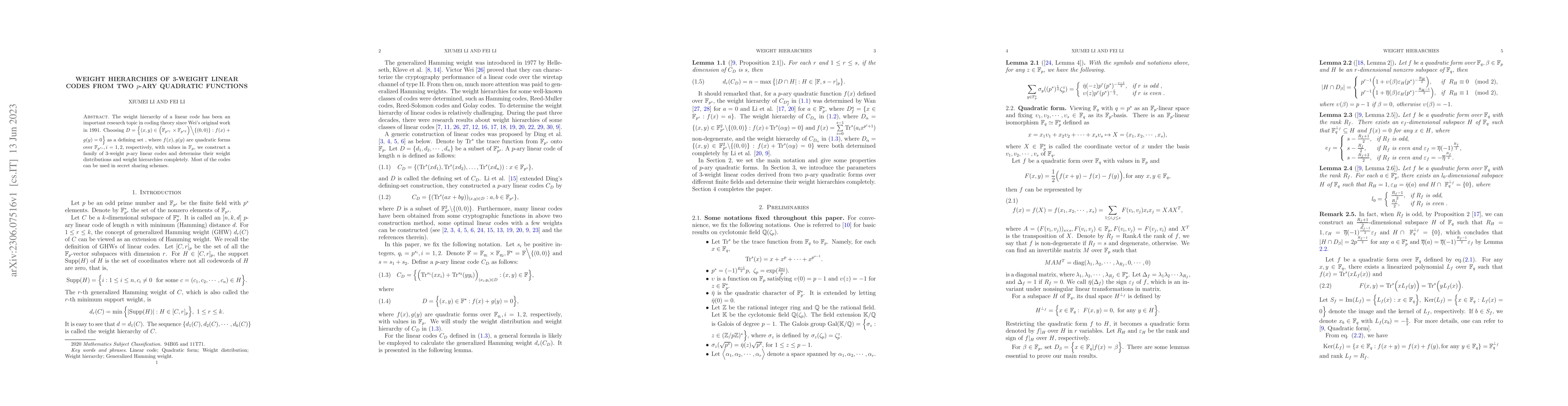 Thumbnail for Weight hierarchies of 3-weight linear codes from two $p$-ary quadratic
  functions