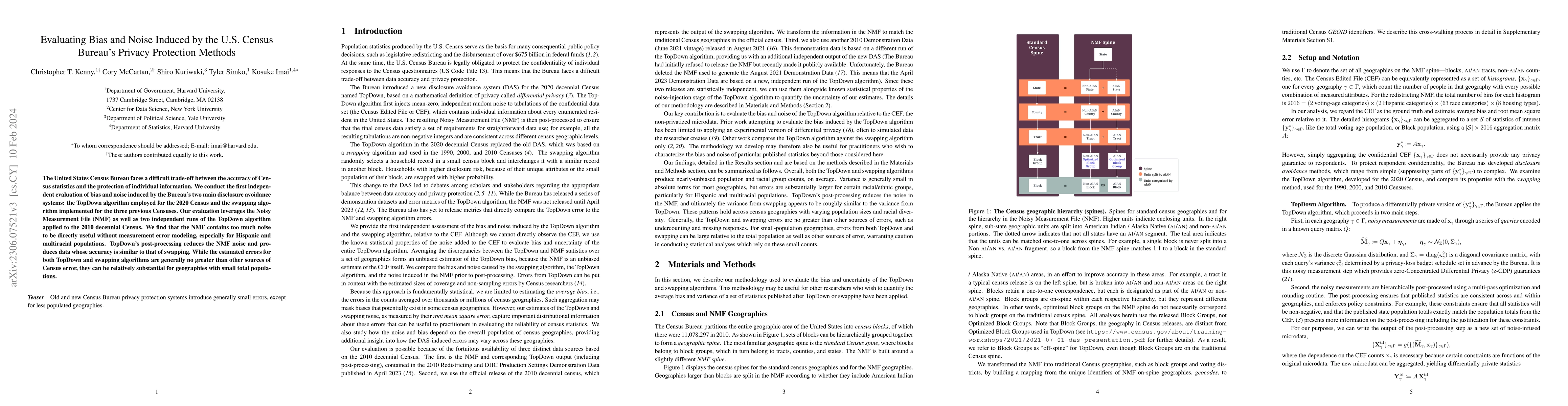 Thumbnail for Evaluating Bias and Noise Induced by the U.S. Census Bureau's Privacy
  Protection Methods
