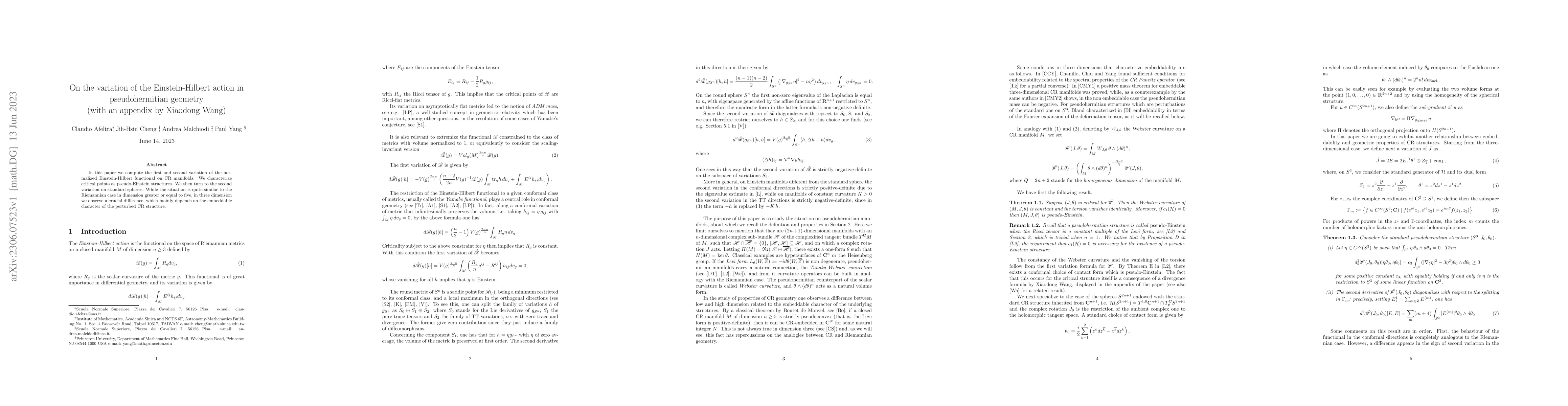 Thumbnail for On the variation of the Einstein-Hilbert action in pseudohermitian
  geometry