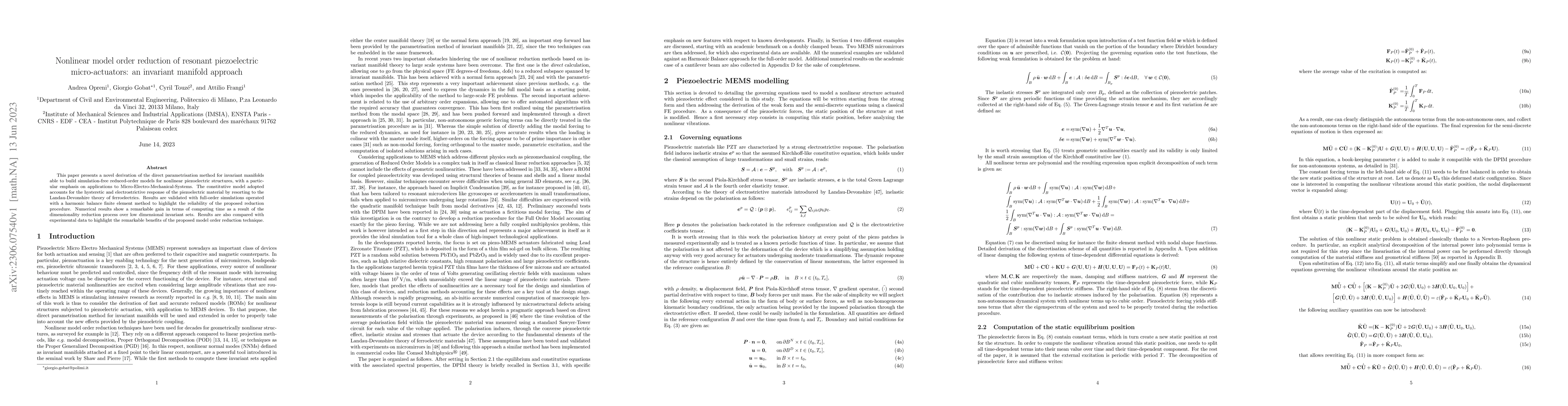 Thumbnail for Nonlinear model order reduction of resonant piezoelectric
  micro-actuators: an invariant manifold approach