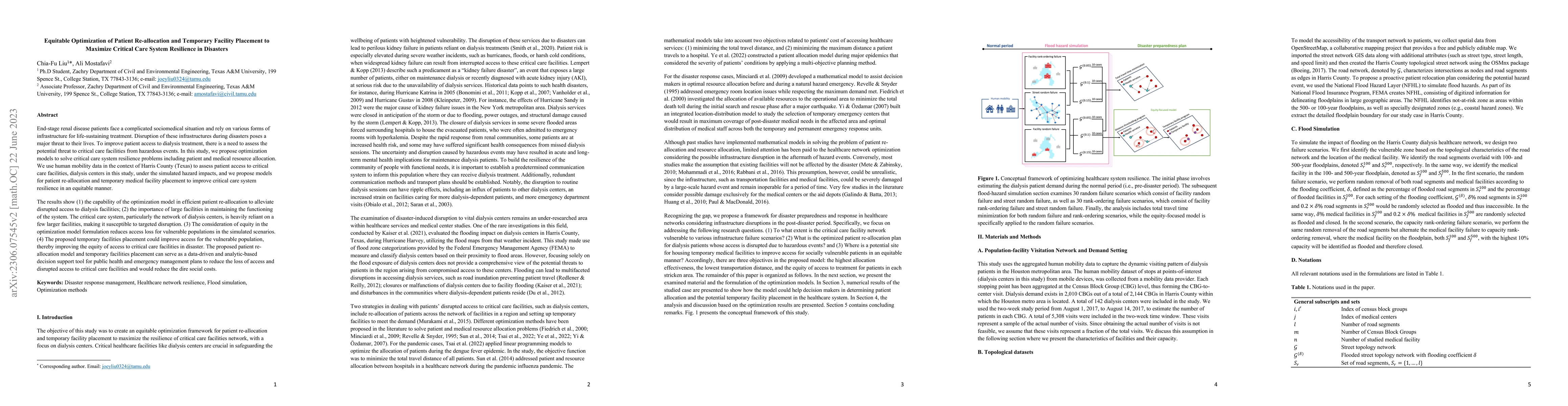 Thumbnail for Equitable Optimization of Patient Re-allocation and Temporary Facility
  Placement to Maximize Critical Care System Resilience in Disasters