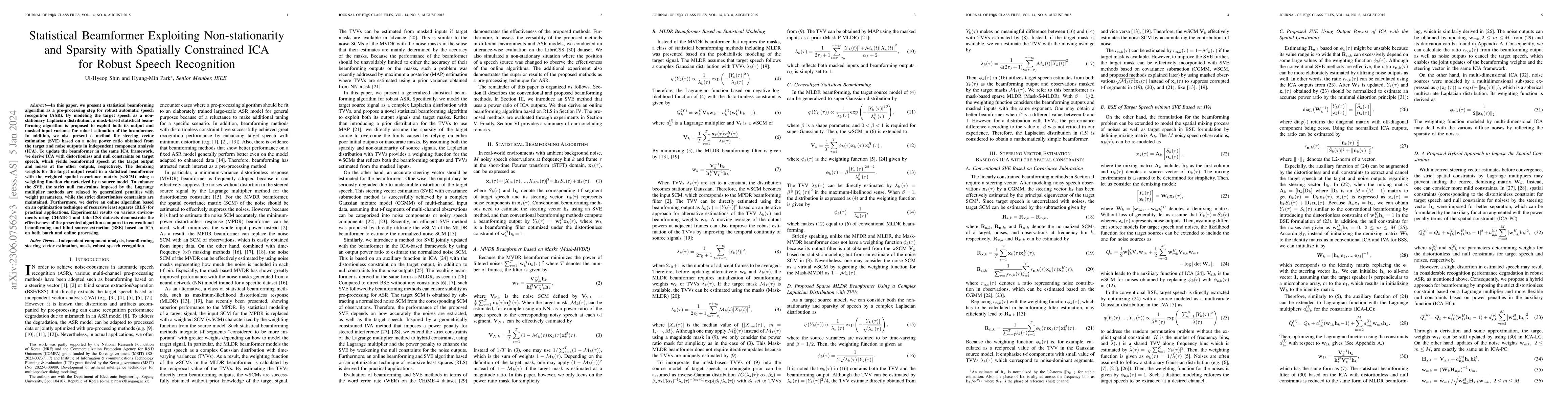 Thumbnail for Statistical Beamformer Exploiting Non-stationarity and Sparsity with
  Spatially Constrained ICA for Robust Speech Recognition