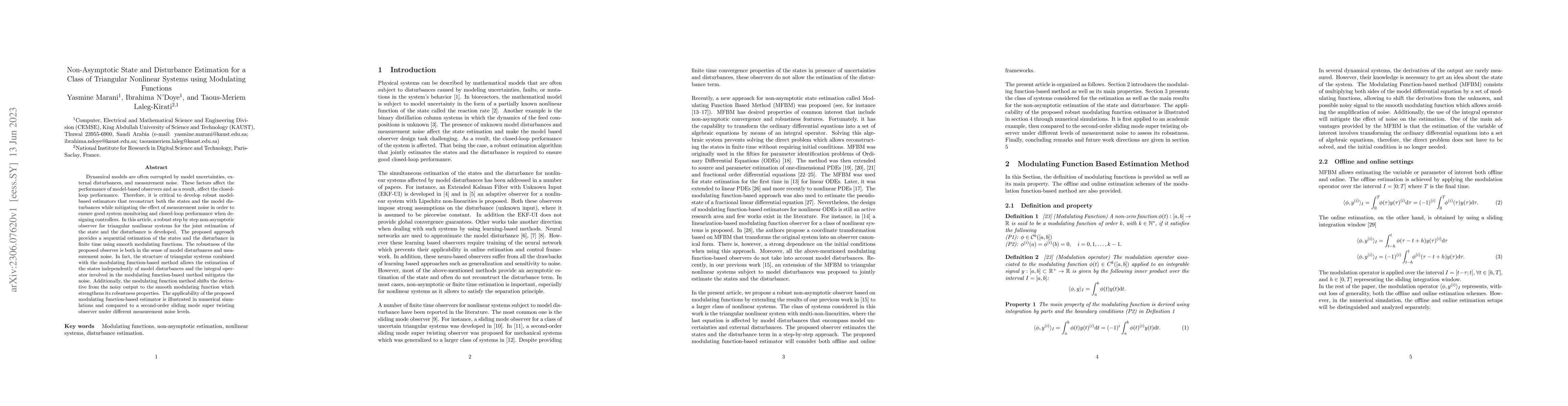 Thumbnail for Non-Asymptotic State and Disturbance Estimation for a Class of
  Triangular Nonlinear Systems using Modulating Functions