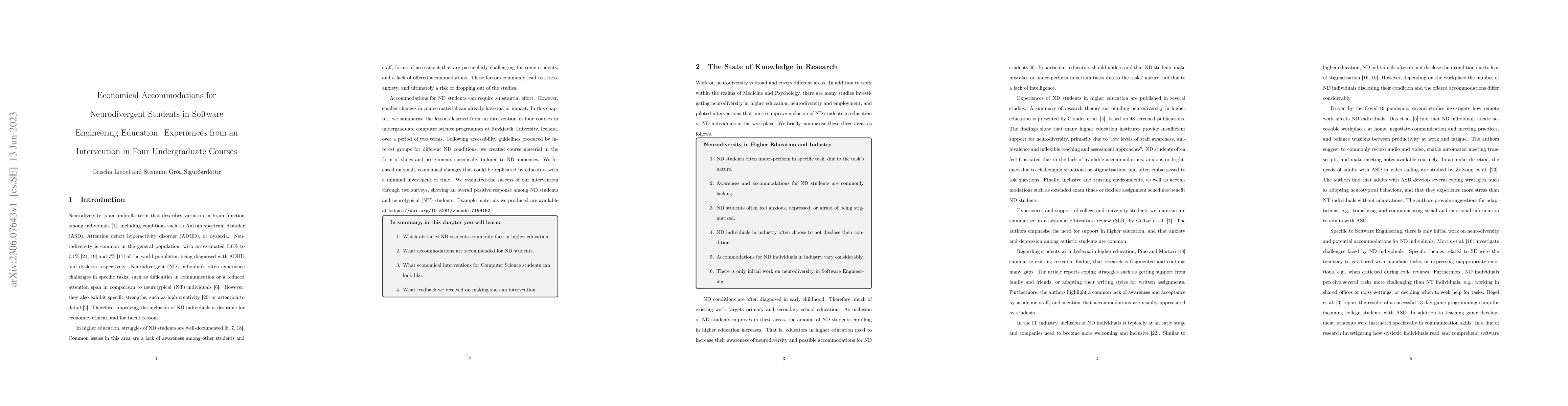 Thumbnail for Economical Accommodations for Neurodivergent Students in Software
  Engineering Education: Experiences from an Intervention in Four Undergraduate
  Courses