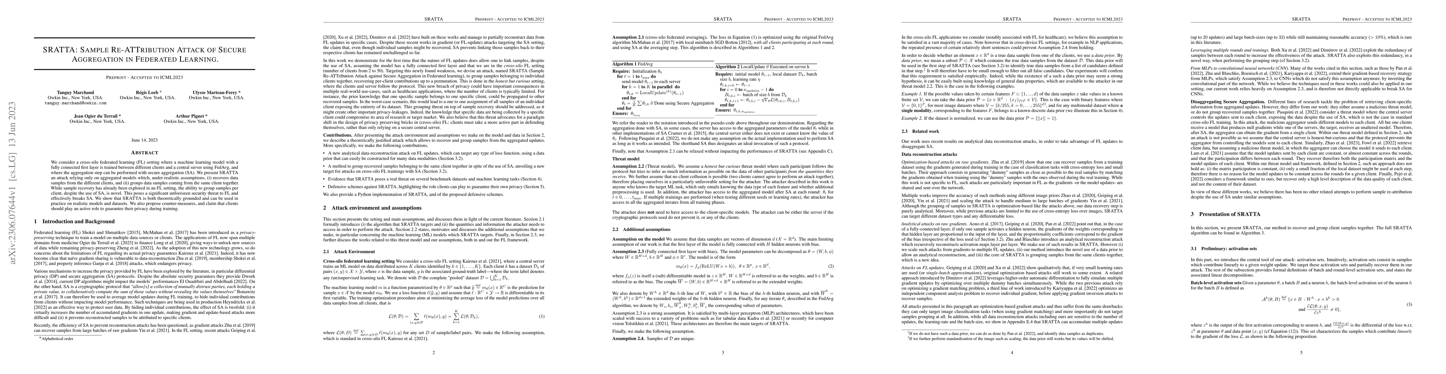 Thumbnail for SRATTA : Sample Re-ATTribution Attack of Secure Aggregation in Federated
  Learning