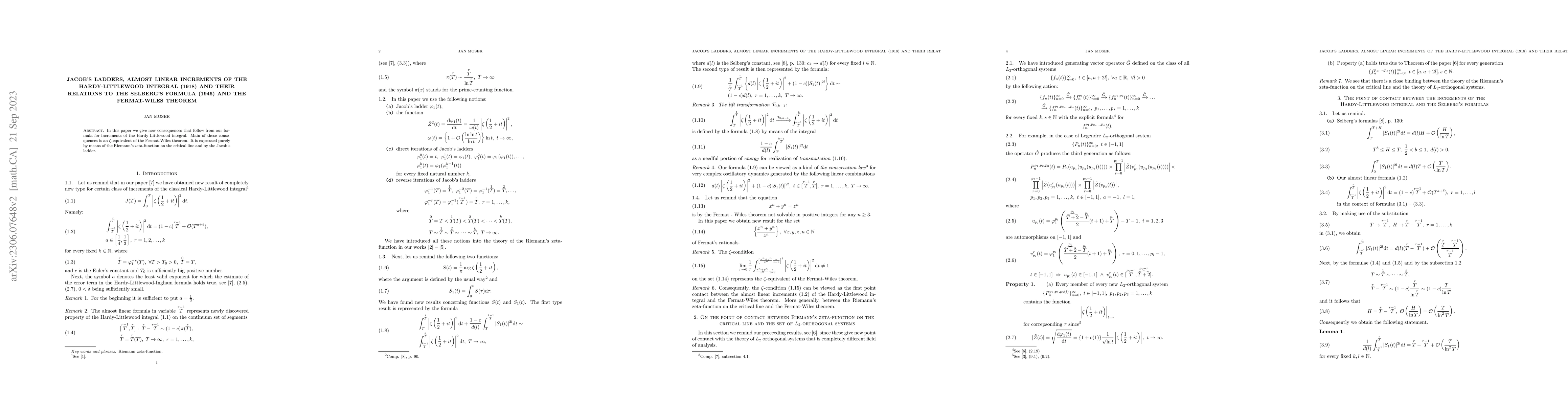 Thumbnail for Jacob's ladders, almost linear increments of the Hardy-Littlewood
  integral (1918) and their relations to the Selberg's formula (1946) and the
  Fermat-Wiles theorem