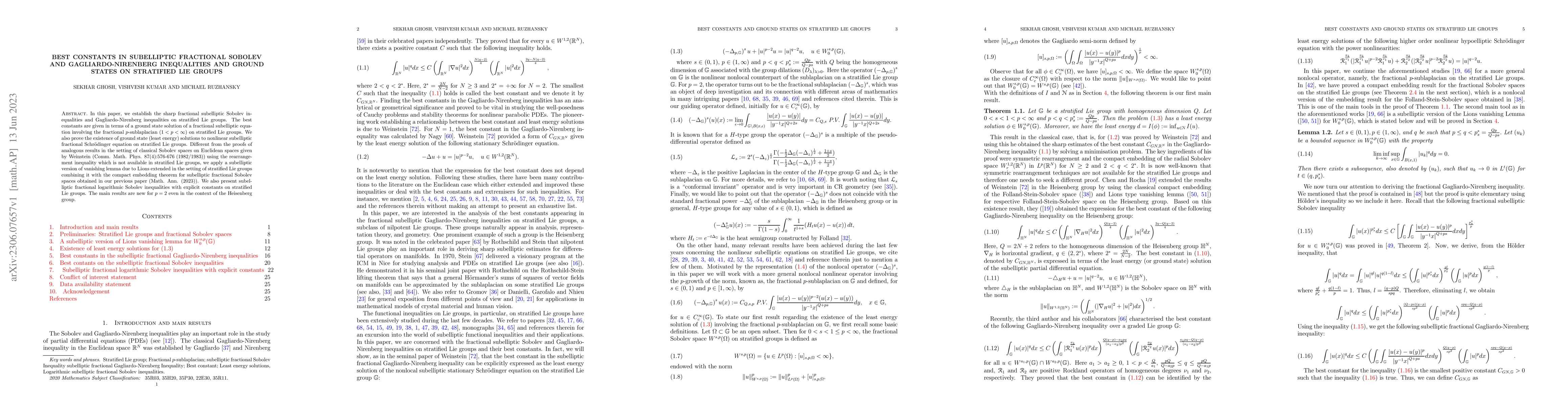 Thumbnail for Best constants in subelliptic fractional Sobolev and Gagliardo-Nirenberg
  inequalities and ground states on stratified Lie groups