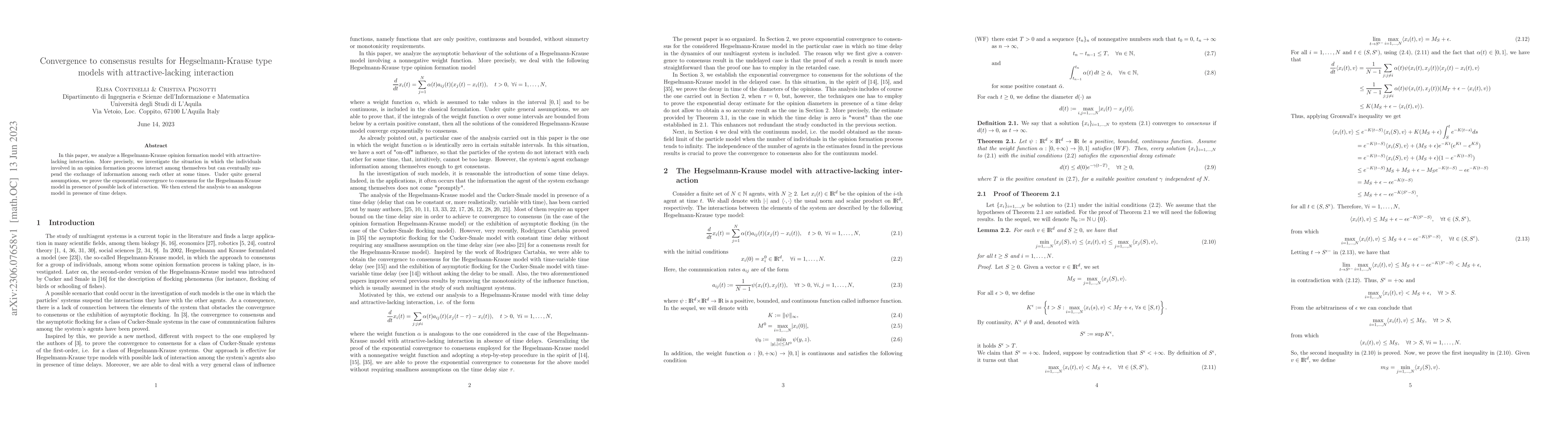 Thumbnail for Convergence to consensus results for Hegselmann-Krause type models with
  attractive-lacking interaction