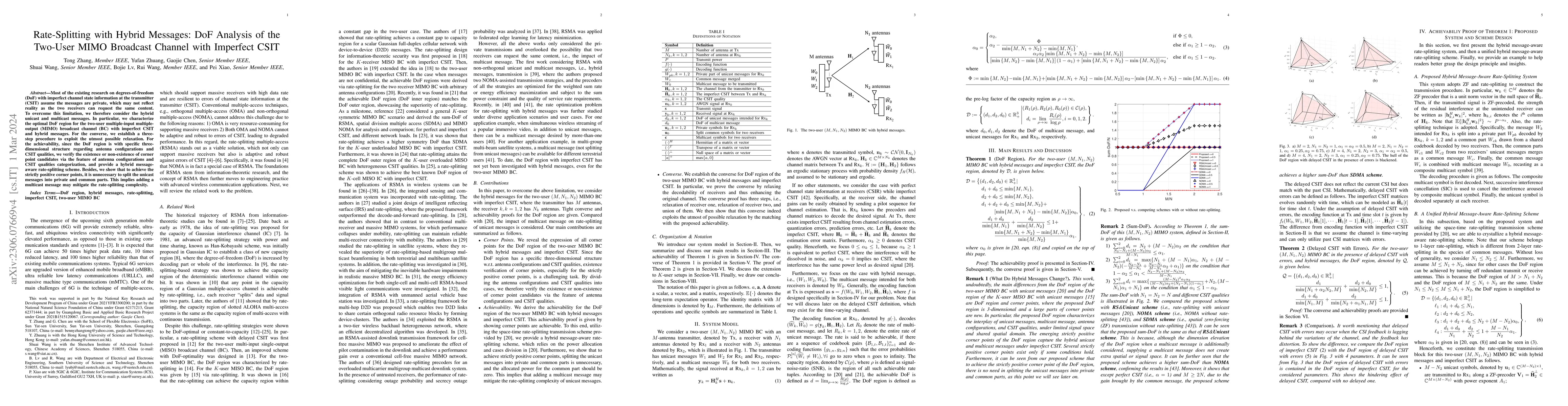 Thumbnail for Rate-Splitting with Hybrid Messages: DoF Analysis of the Two-User MIMO
  Broadcast Channel with Imperfect CSIT
