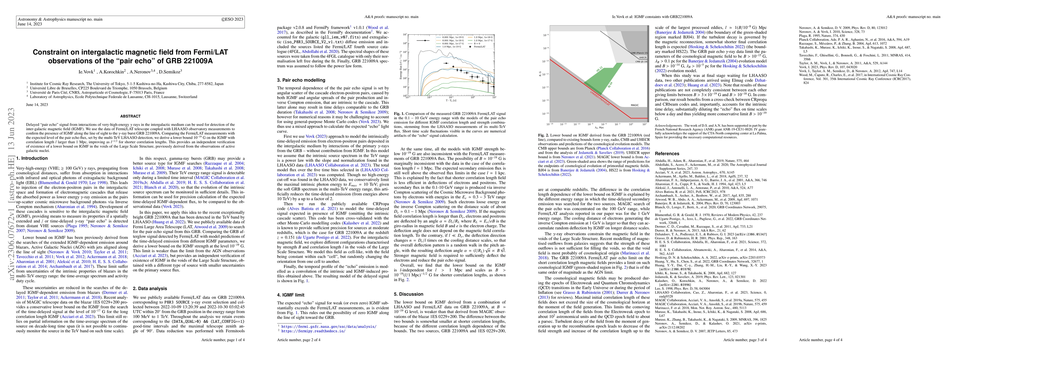 Thumbnail for Constraint on intergalactic magnetic field from Fermi/LAT observations
  of the "pair echo" of GRB 221009A