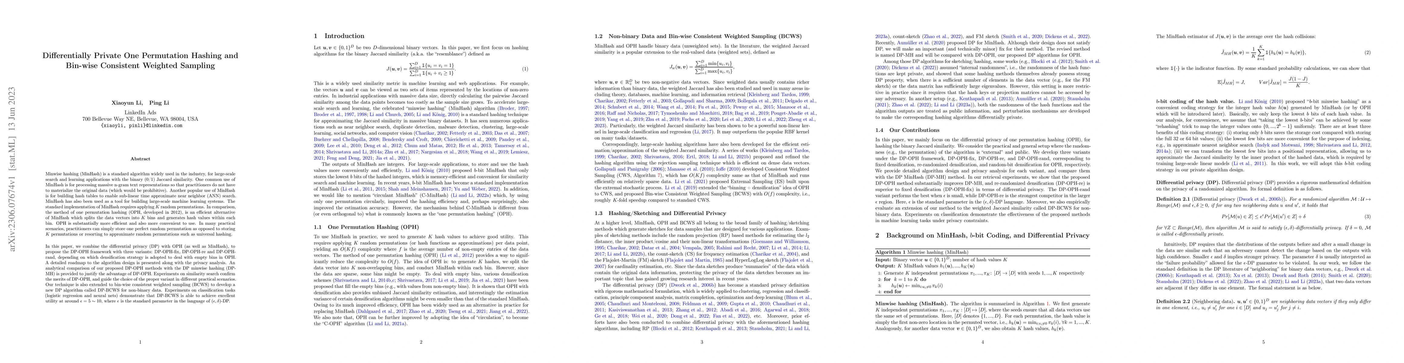 Thumbnail for Differentially Private One Permutation Hashing and Bin-wise Consistent
  Weighted Sampling