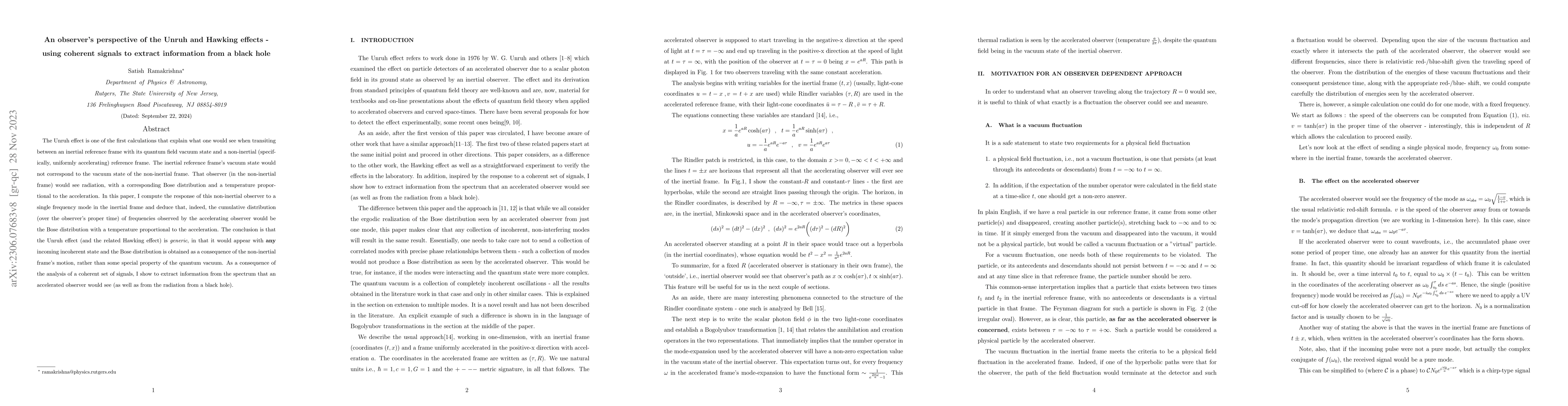 Thumbnail for An observer's perspective of the Unruh and Hawking effects -- using
  coherent signals to extract information from a black hole