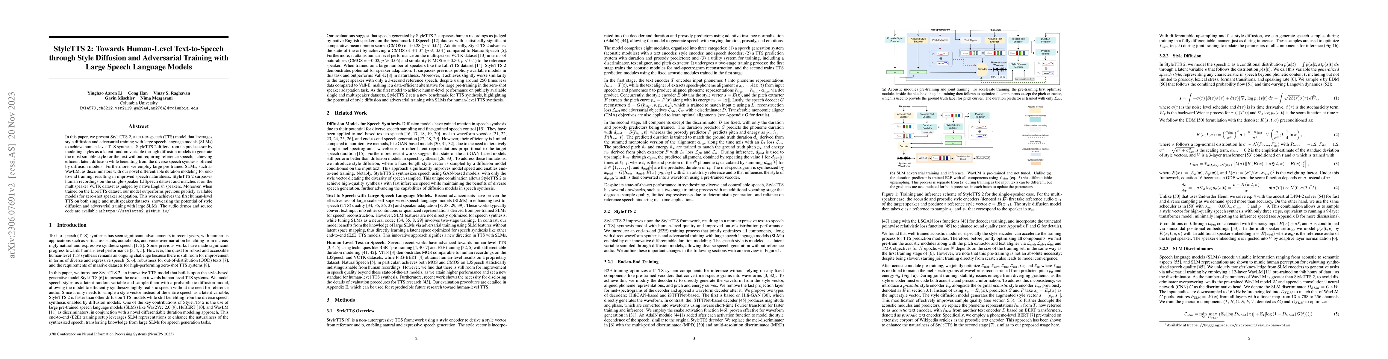 Thumbnail for StyleTTS 2: Towards Human-Level Text-to-Speech through Style Diffusion
  and Adversarial Training with Large Speech Language Models