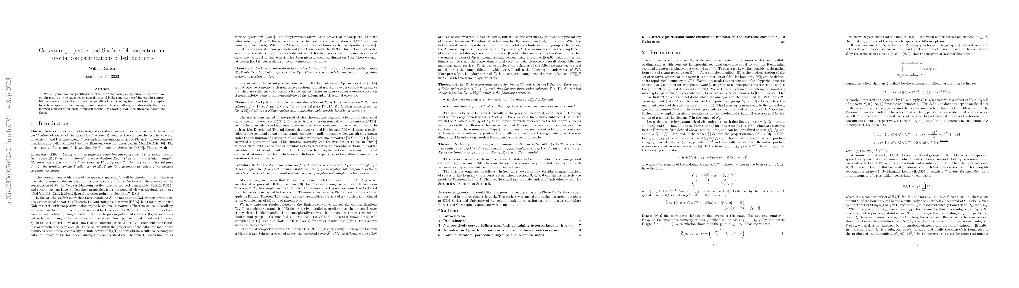 Thumbnail for Curvature properties and Shafarevich conjecture for toroidal
  compactifications of ball quotients
