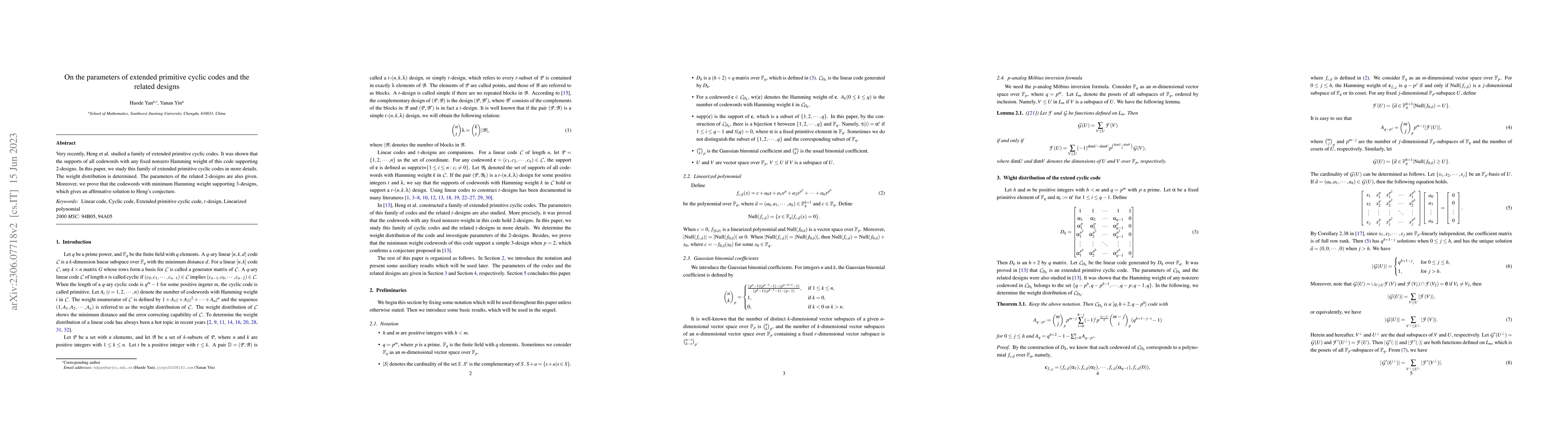 Thumbnail for On the parameters of extended primitive cyclic codes and the related
  designs