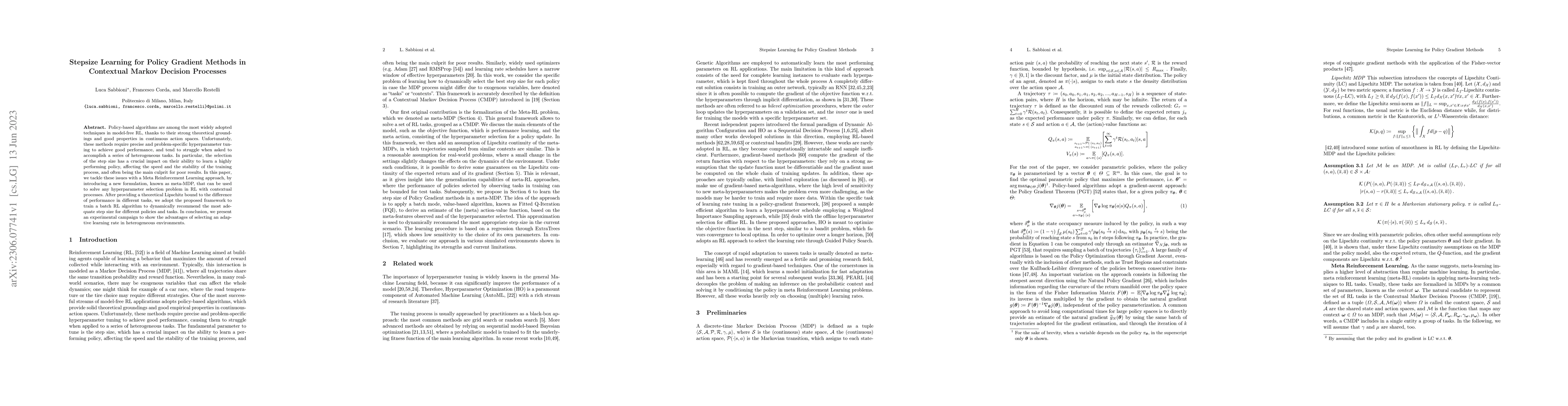 Thumbnail for Stepsize Learning for Policy Gradient Methods in Contextual Markov
  Decision Processes