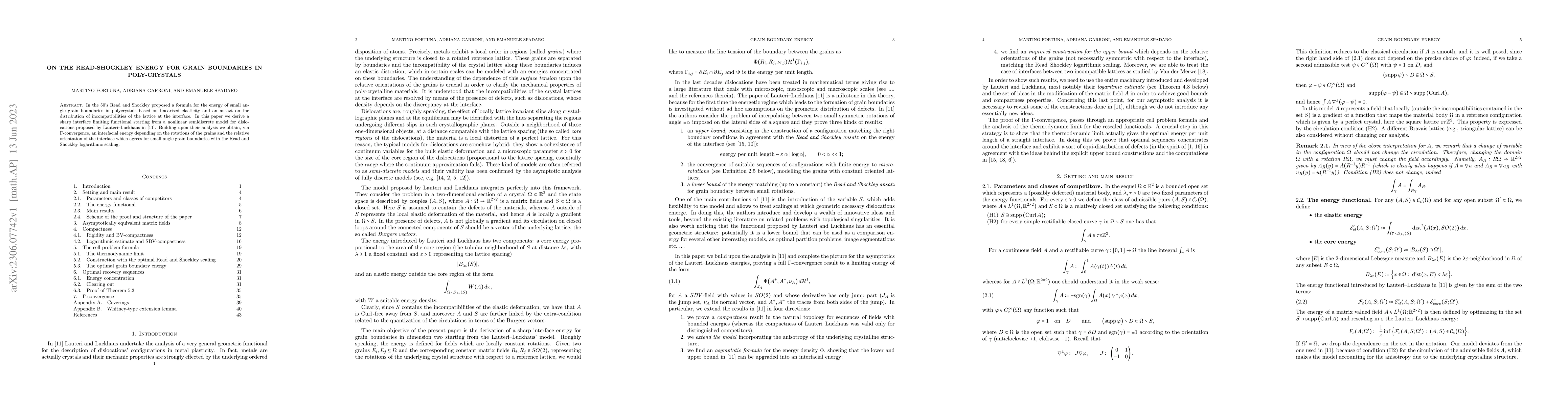 Thumbnail for On the Read-Shockley energy for grain boundaries in poly-crystals
