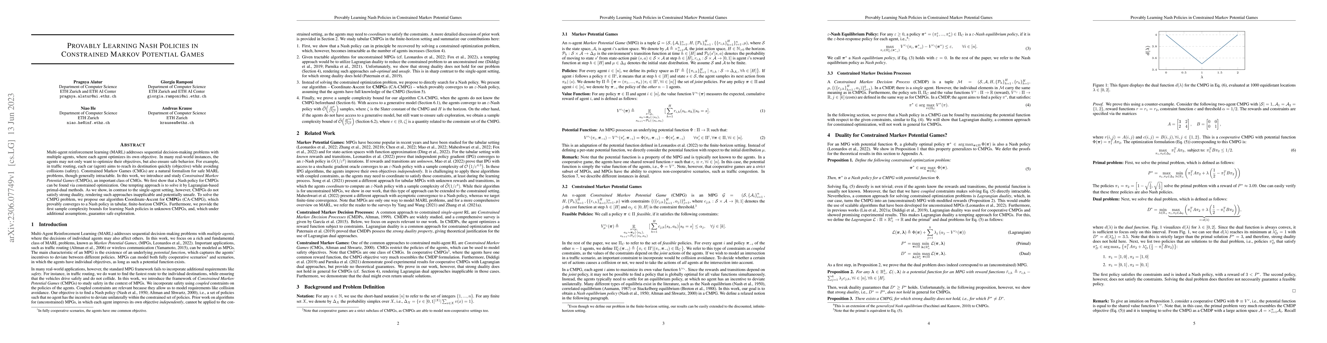 Thumbnail for Provably Learning Nash Policies in Constrained Markov Potential Games