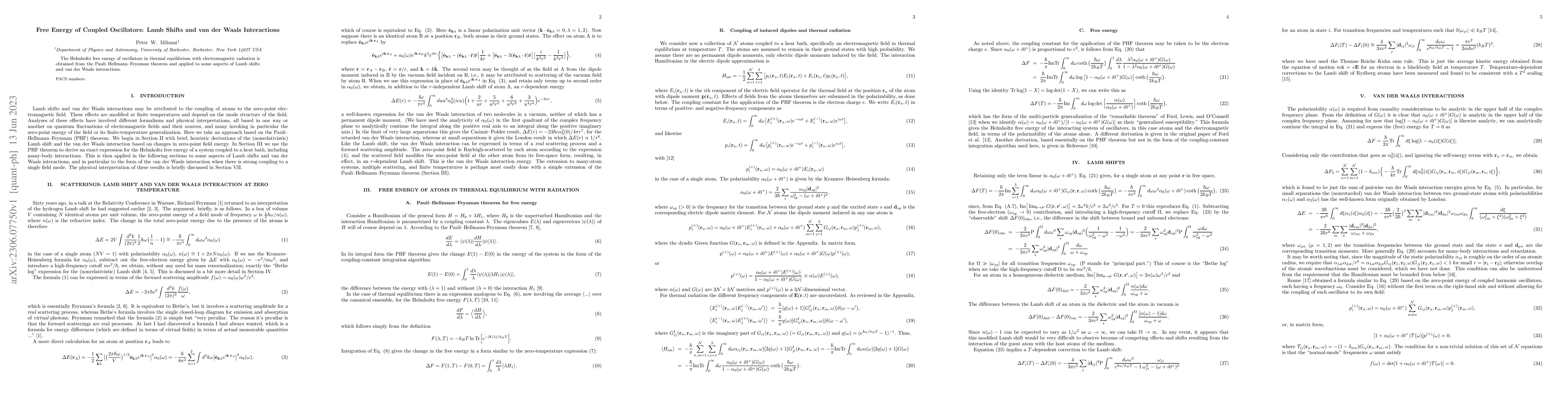 Thumbnail for Free Energy of Coupled Oscillators: Lamb Shifts and van der Waals
  Interactions