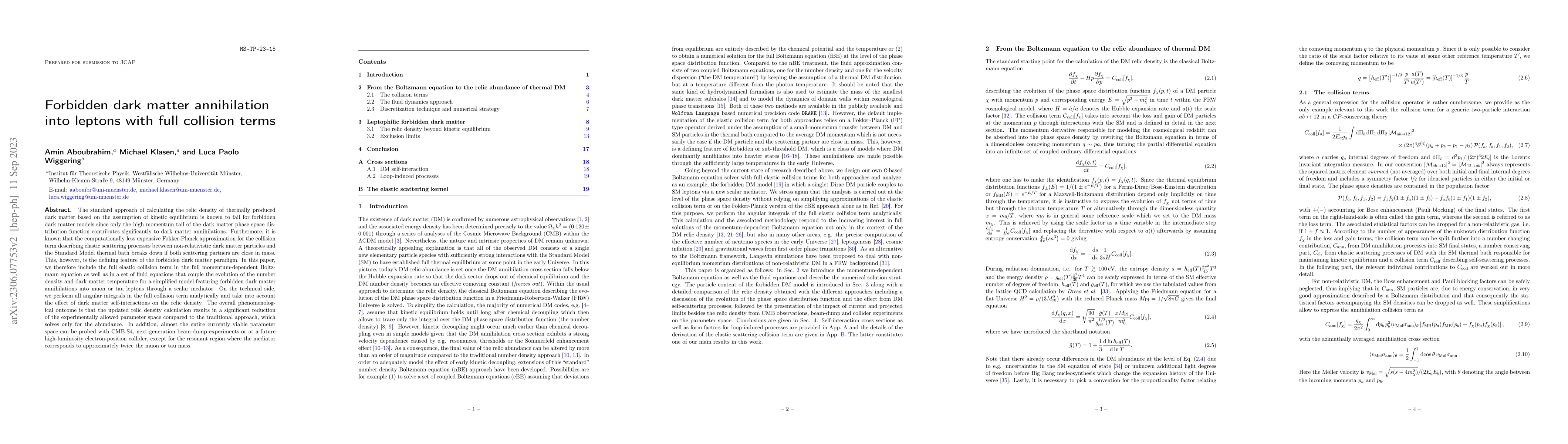 Thumbnail for Forbidden dark matter annihilation into leptons with full collision
  terms